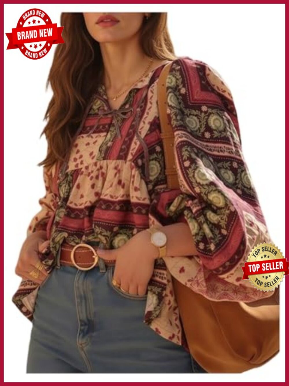Women's Boho Tribal Blouse Tie Neck Peasant Top Flowy Long Sleeve